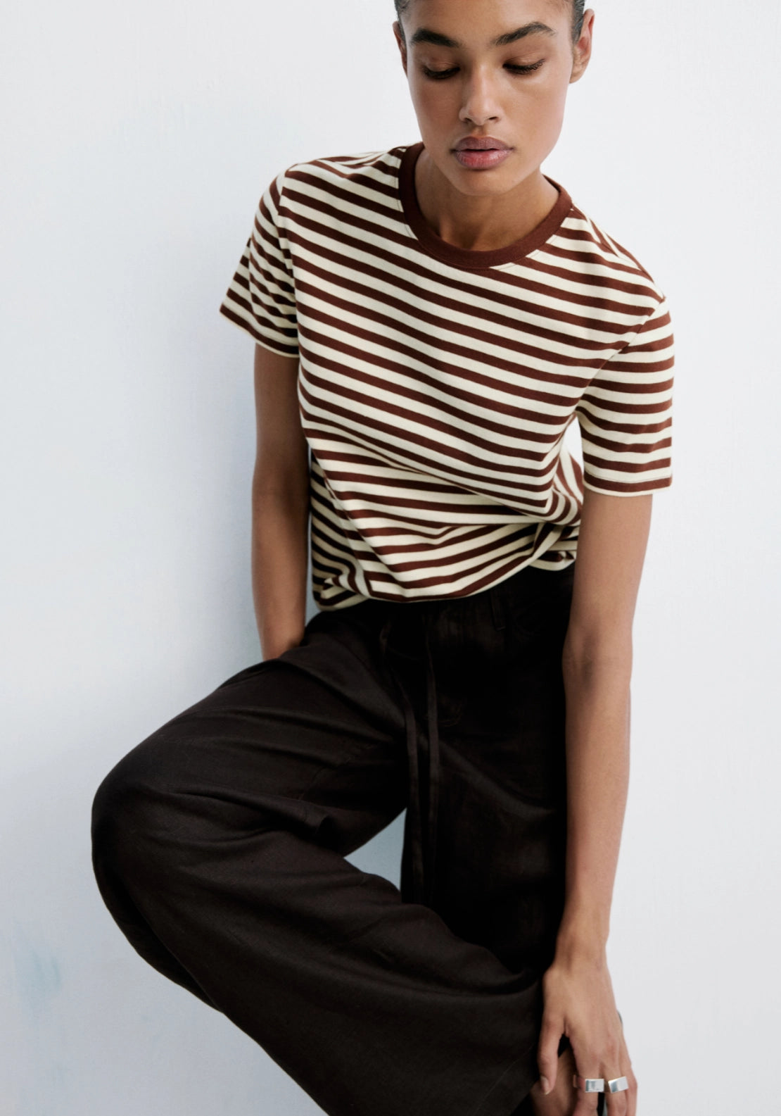 Striped Cotton T-Shirt - Brown