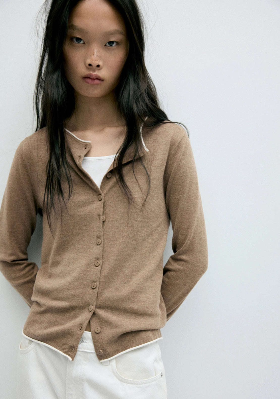 Knit Cardigan With Contrasting Trims - Brown