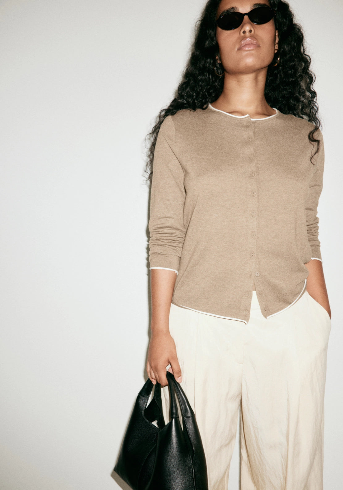 Knit Cardigan With Contrasting Trims - Brown