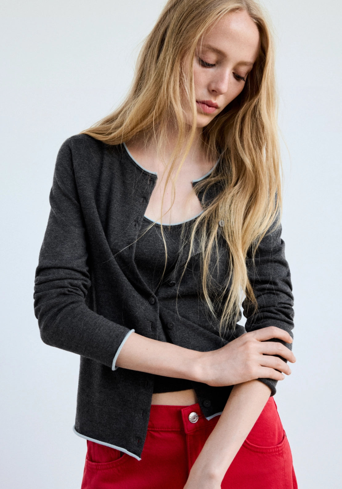 Knit Cardigan With Contrasting Trims - Grey