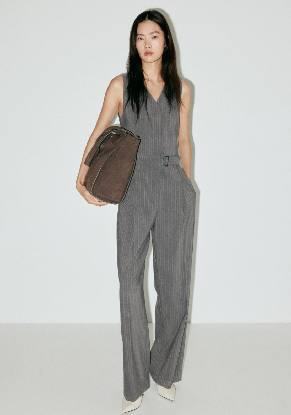 Pinstriped Belted Jumpsuit - Grey