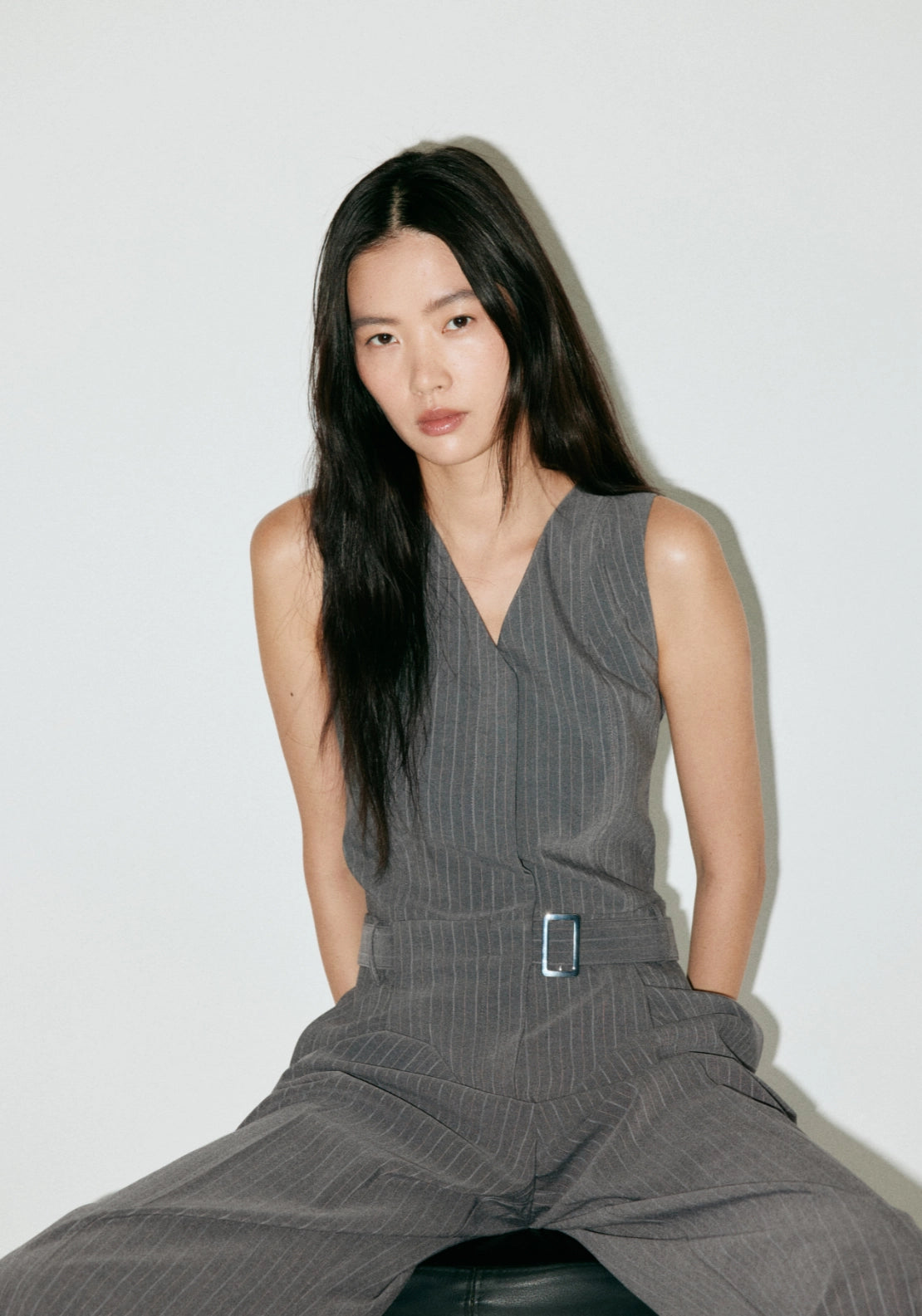 Pinstriped Belted Jumpsuit - Grey
