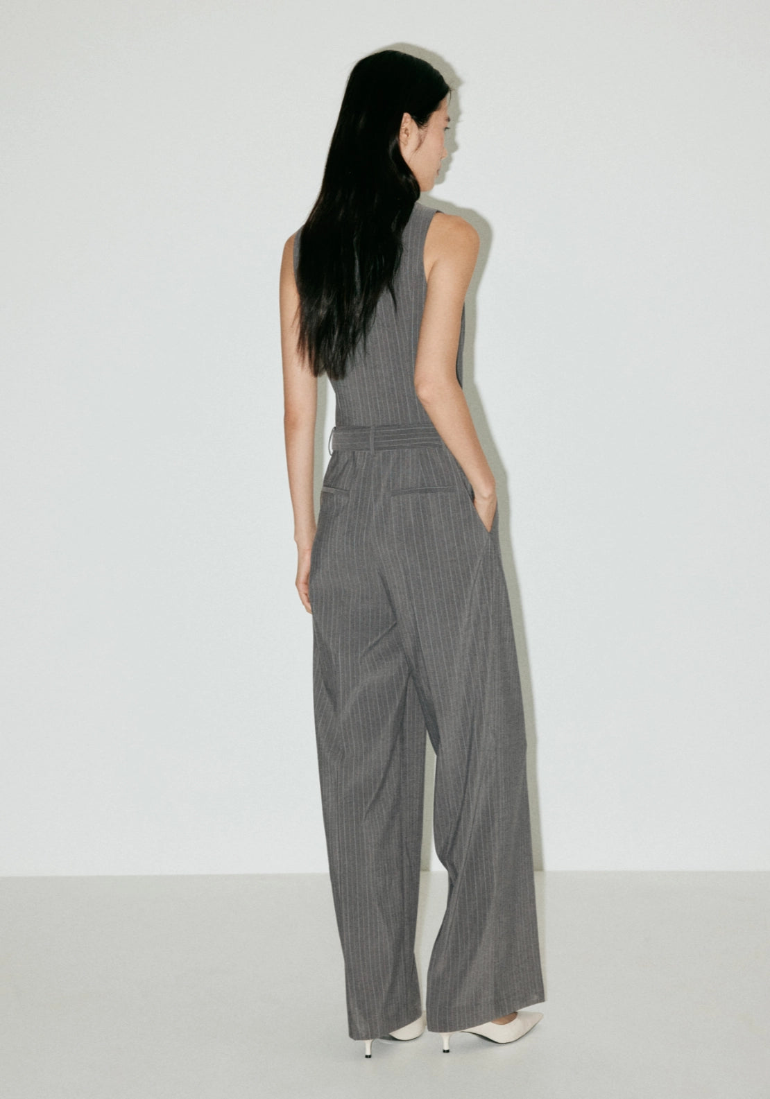 Pinstriped Belted Jumpsuit - Grey