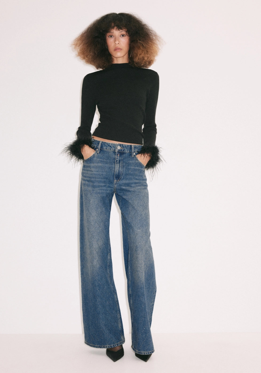 Straight Jeans Rhinestone Details - Denim Blue
