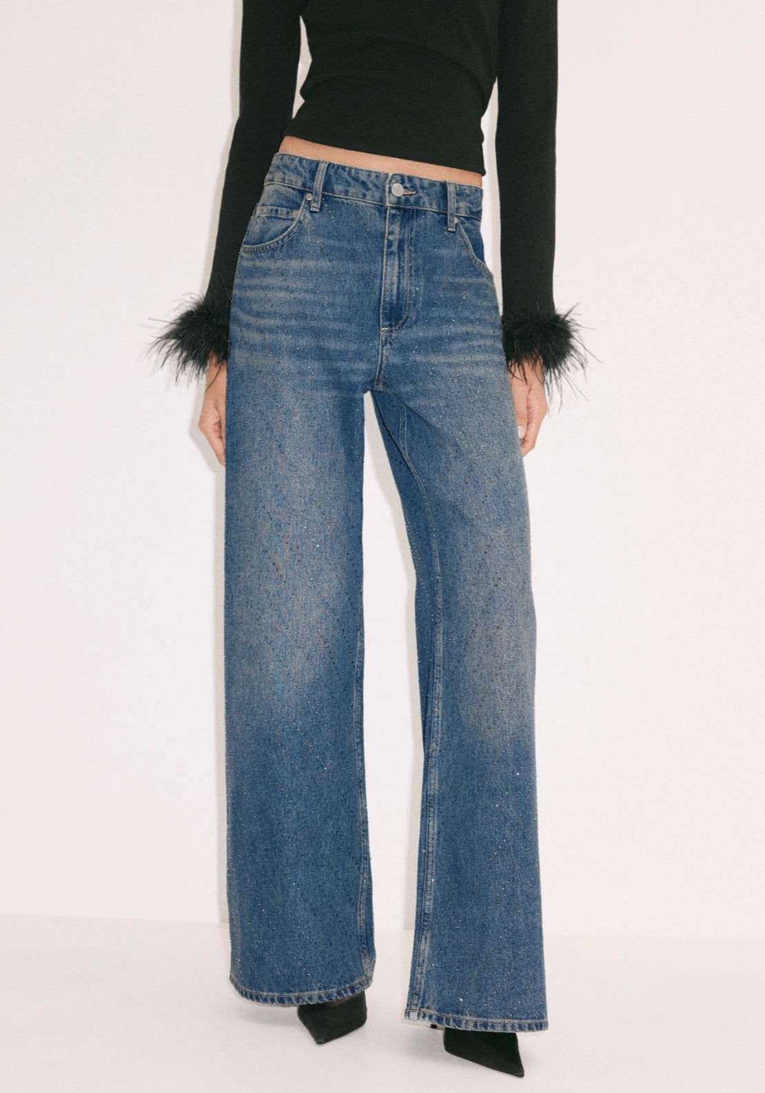 Straight Jeans Rhinestone Details - Denim Blue