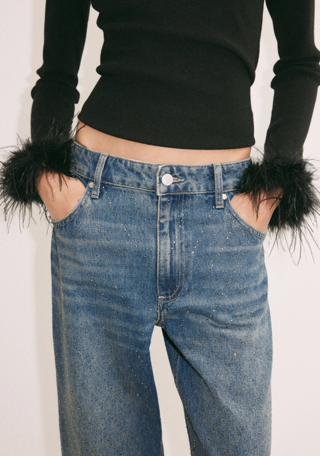 Straight Jeans Rhinestone Details - Denim Blue