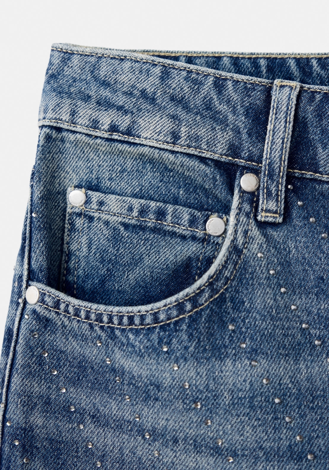 Straight Jeans Rhinestone Details - Denim Blue