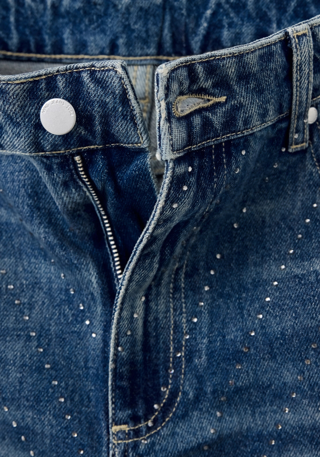 Straight Jeans Rhinestone Details - Denim Blue