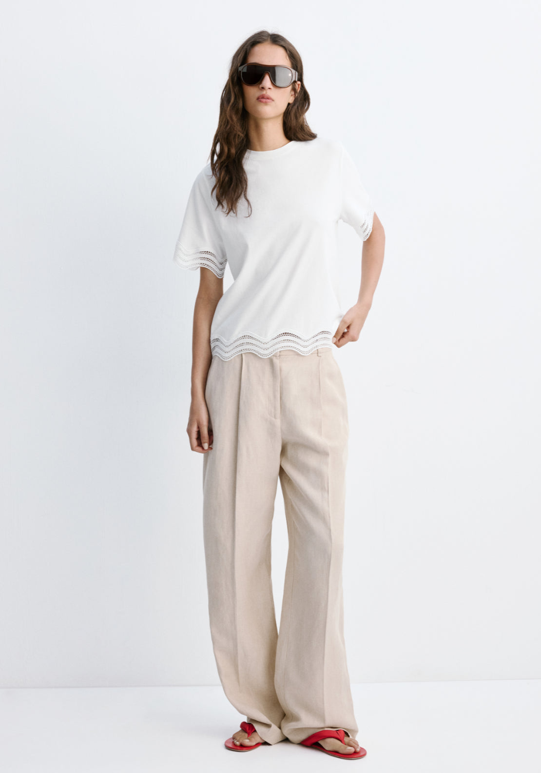 Cotton T-Shirt With Broderie Anglaise Details - White