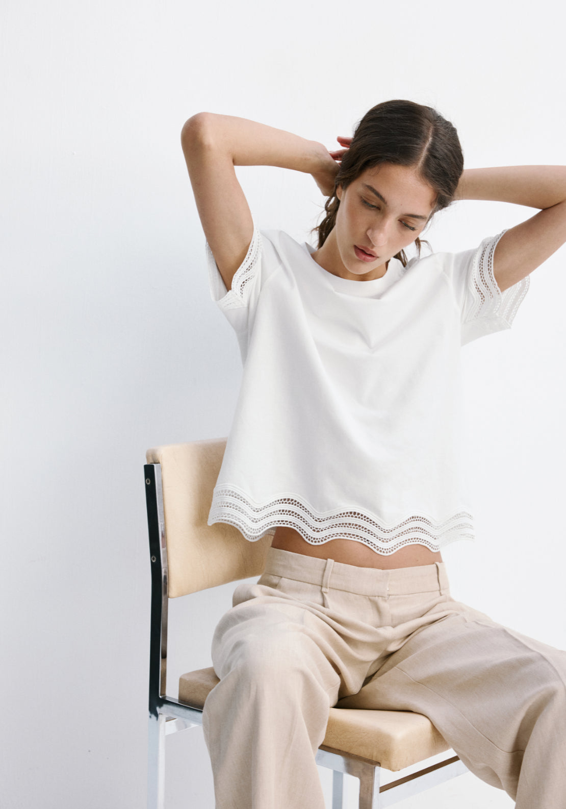 Cotton T-Shirt With Broderie Anglaise Details - White