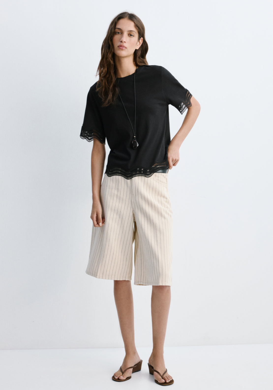 Cotton T-Shirt With Broderie Anglaise Details - Black