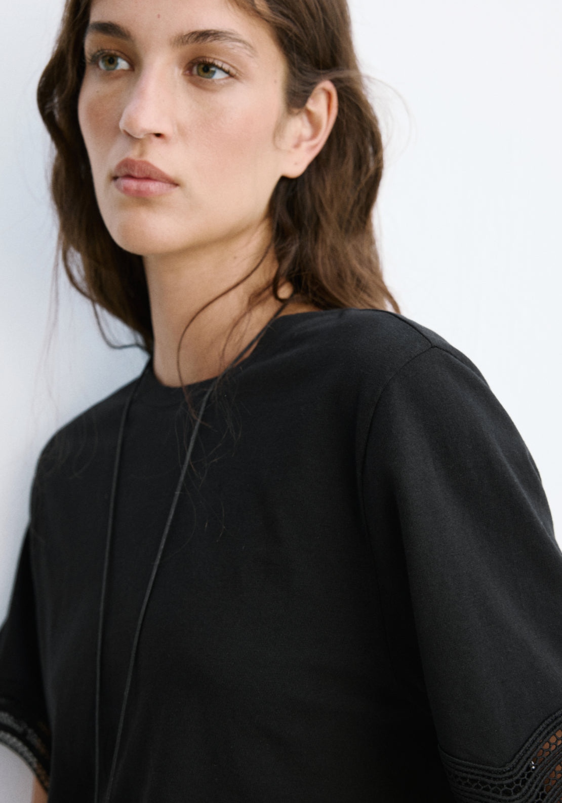 Cotton T-Shirt With Broderie Anglaise Details - Black