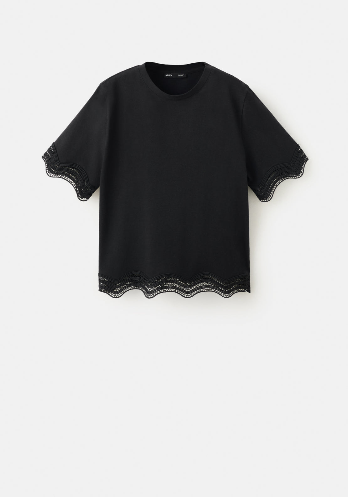Cotton T-Shirt With Broderie Anglaise Details - Black