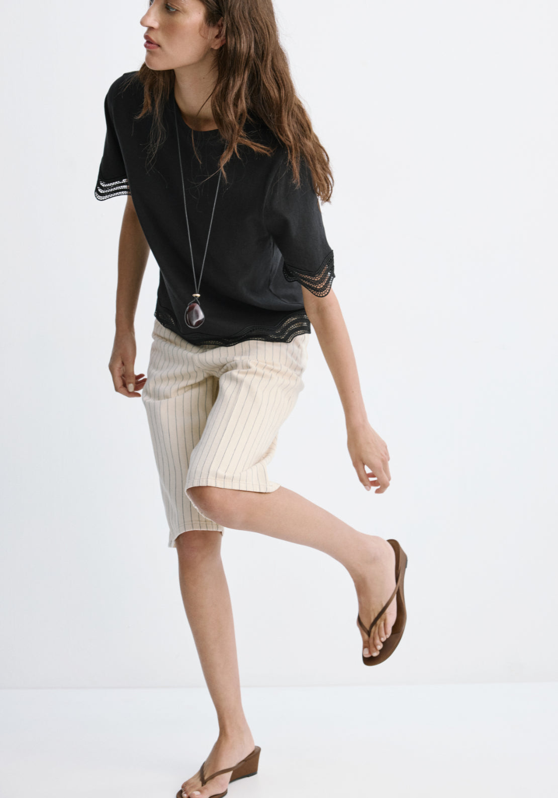 Cotton T-Shirt With Broderie Anglaise Details - Black