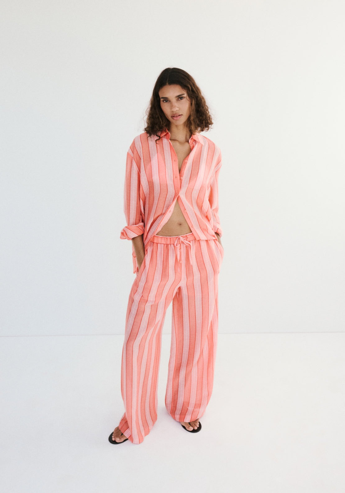Linen Lyocell Blend Stripe Shirt - Orange