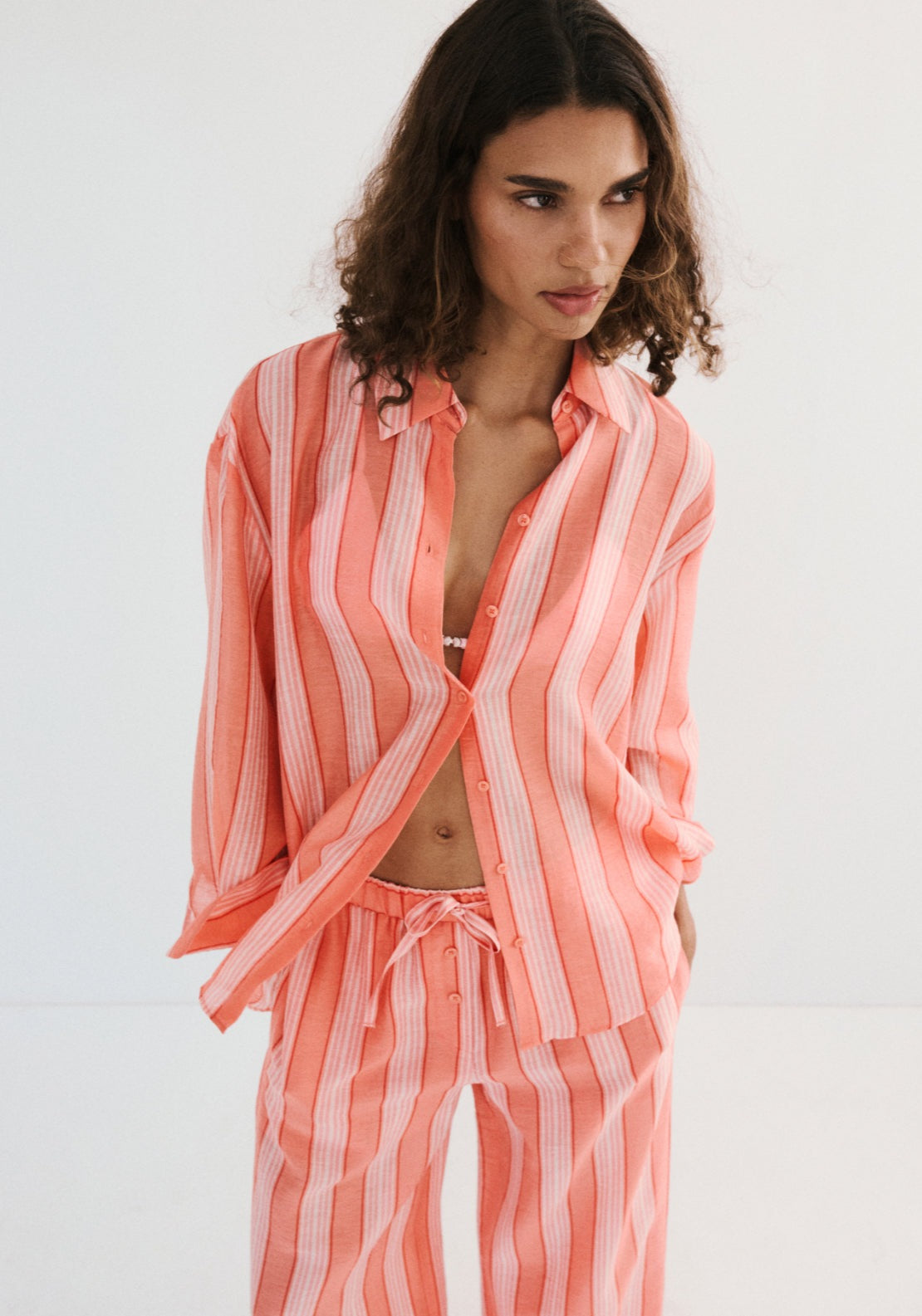 Linen Lyocell Blend Stripe Shirt - Orange