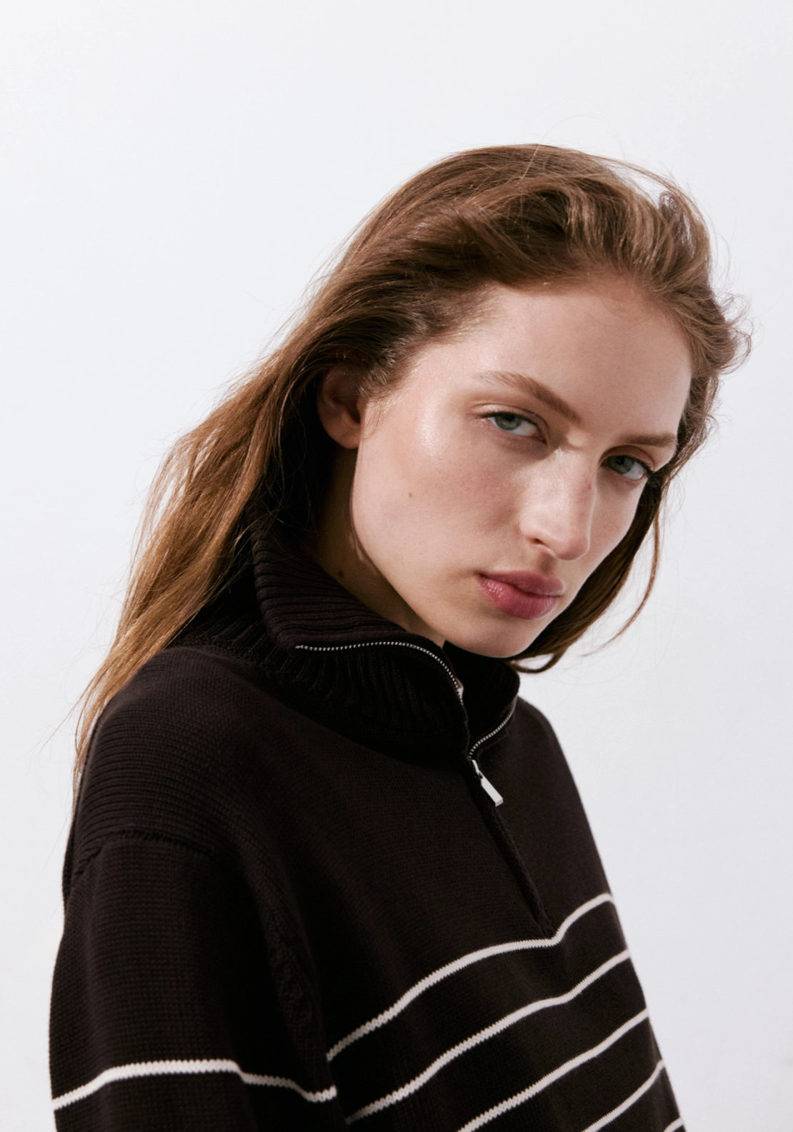 Striped Sweater With Zip - Brown