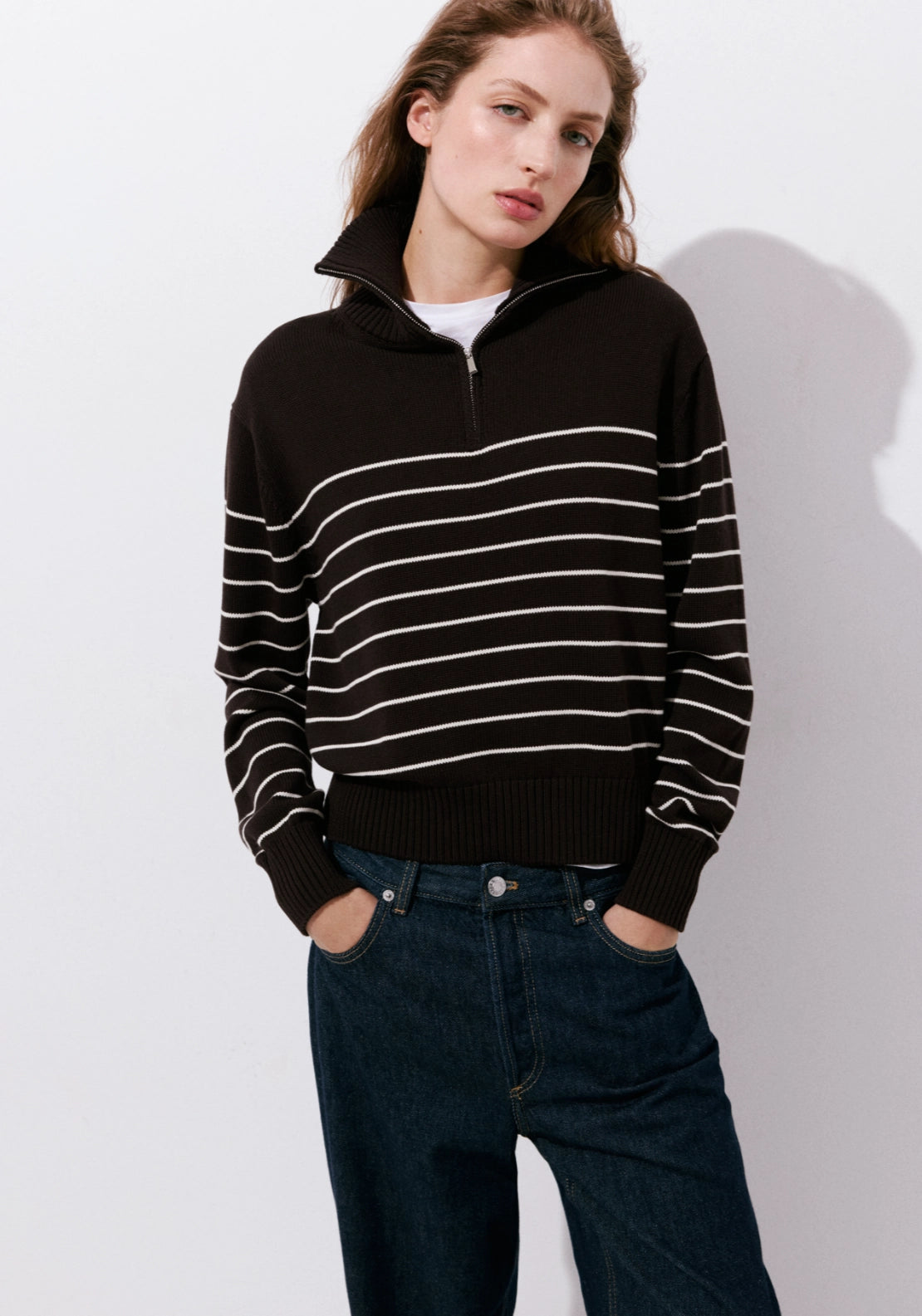 Striped Sweater With Zip - Brown