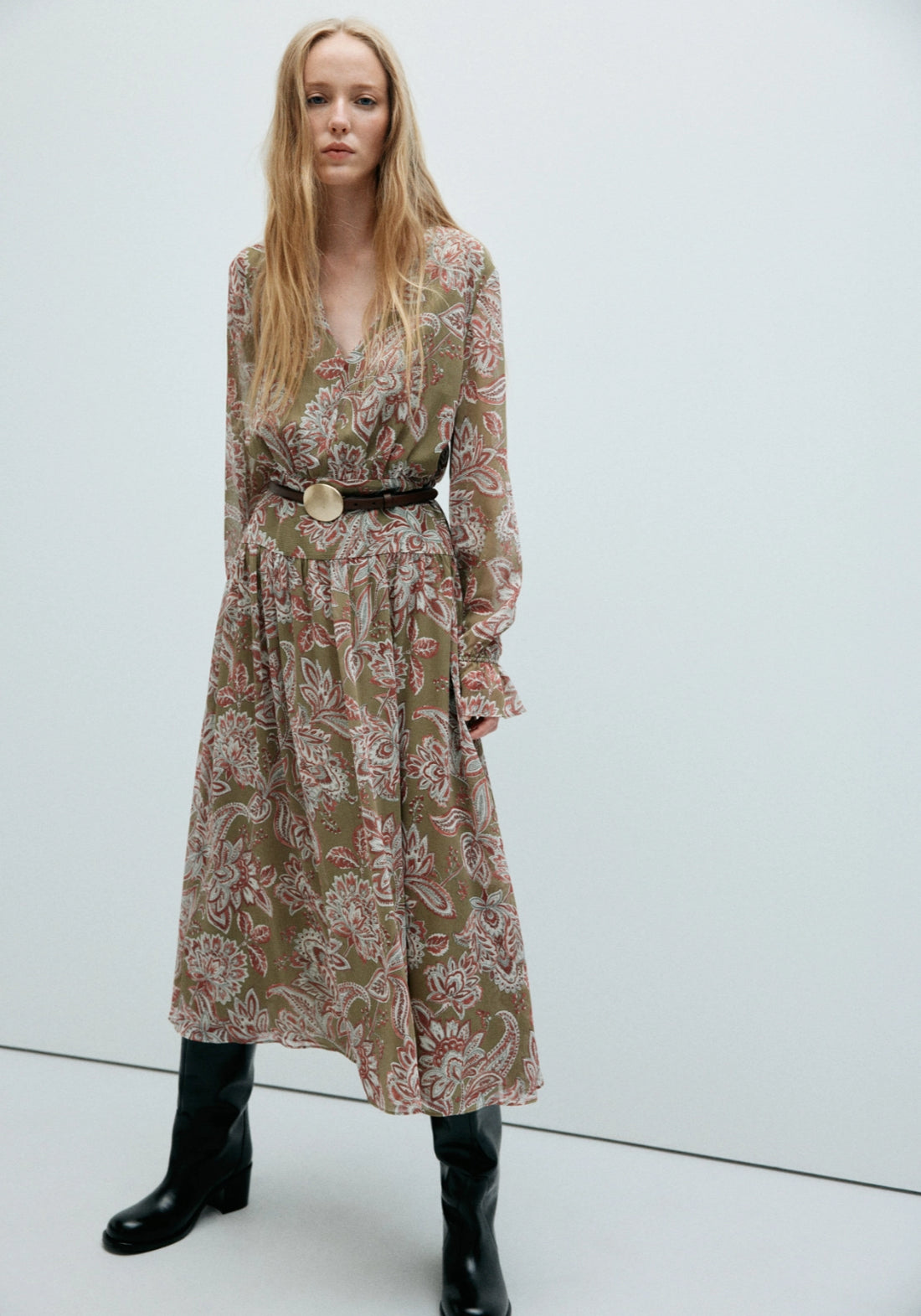 Floral Chiffon Midi Dress - Green