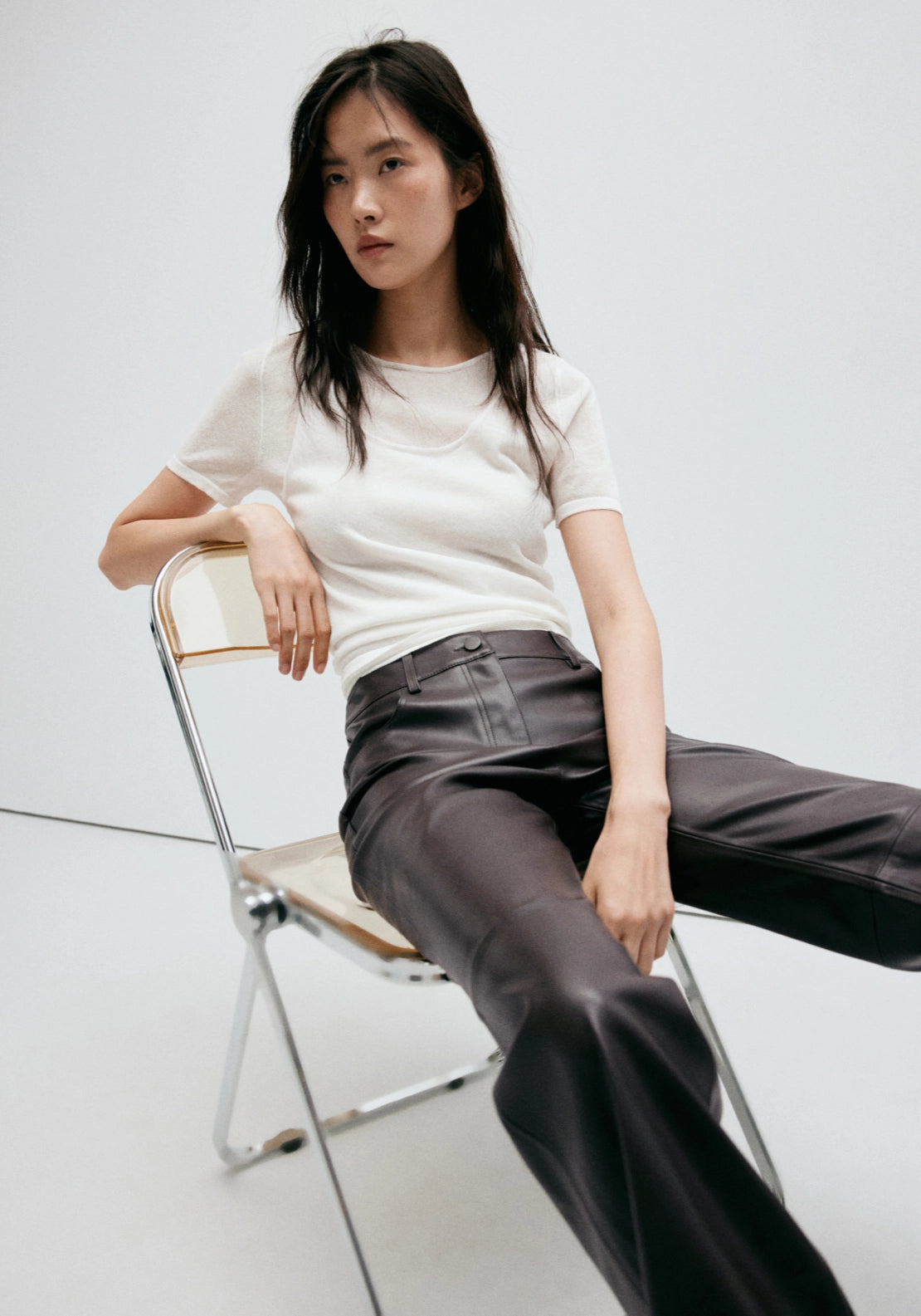 Faux Leather Flared Trousers - Brown