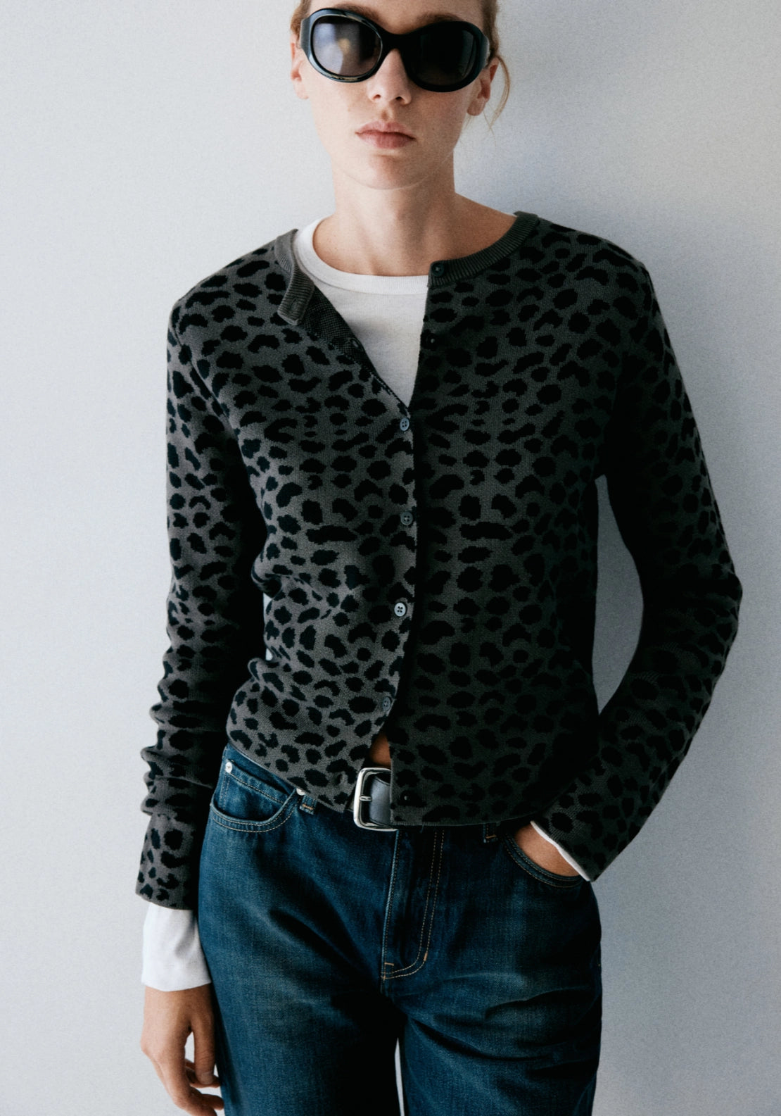100% Cotton Button Front Animal Print Cardigan - Grey