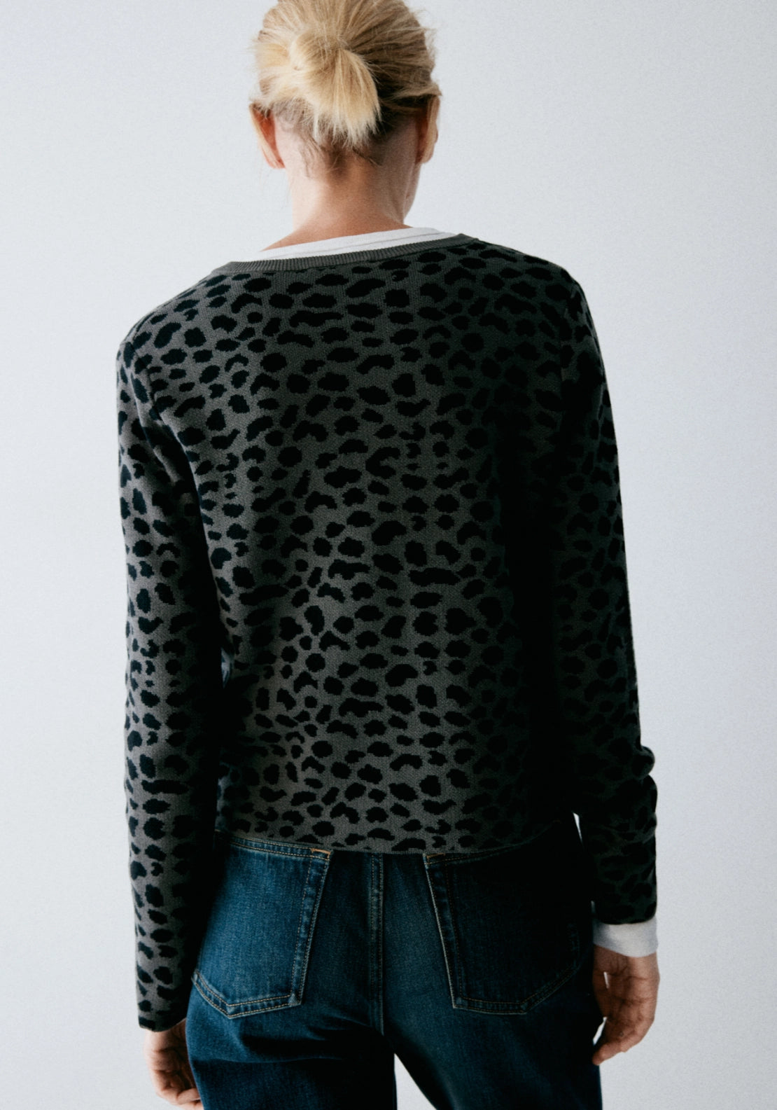 100% Cotton Button Front Animal Print Cardigan - Grey
