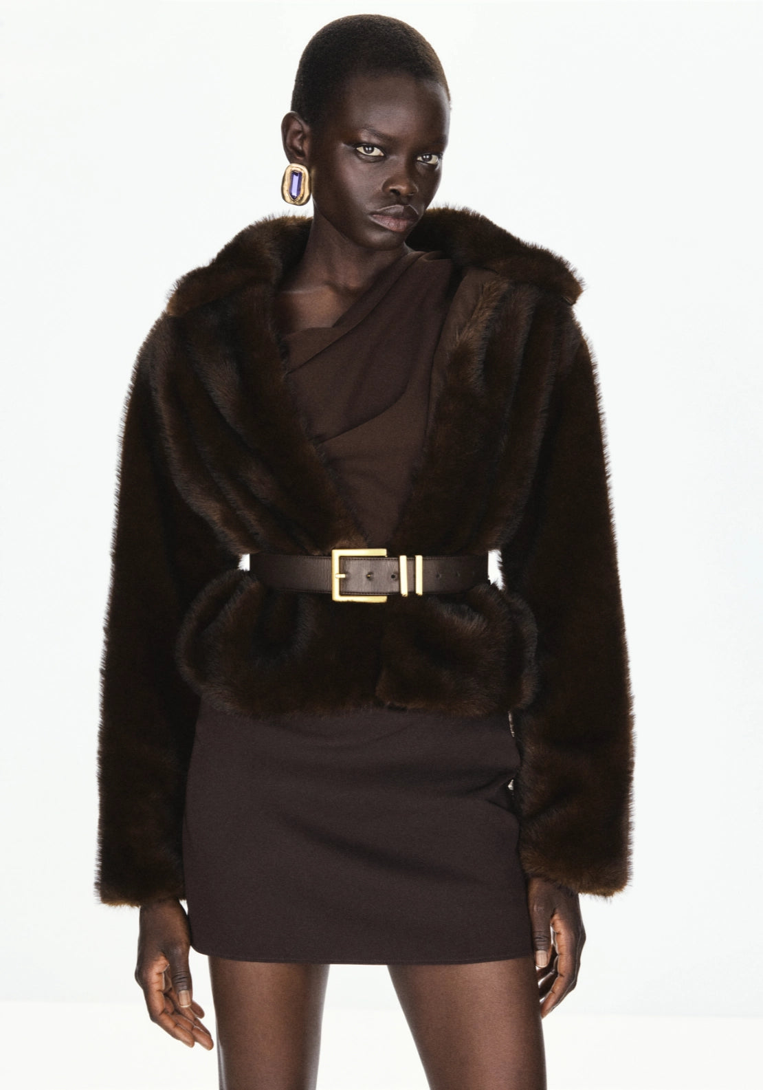Fur Coat With Shirt Collar - Brown