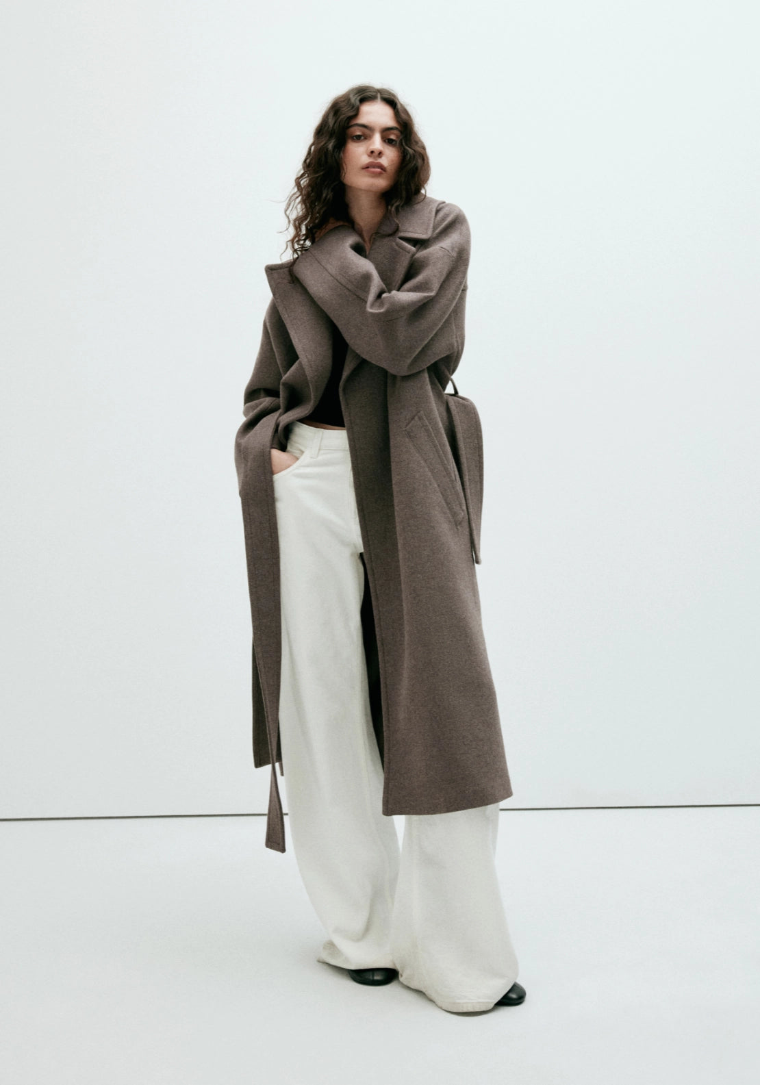 Wool Oversized Coat With Belt - Brown