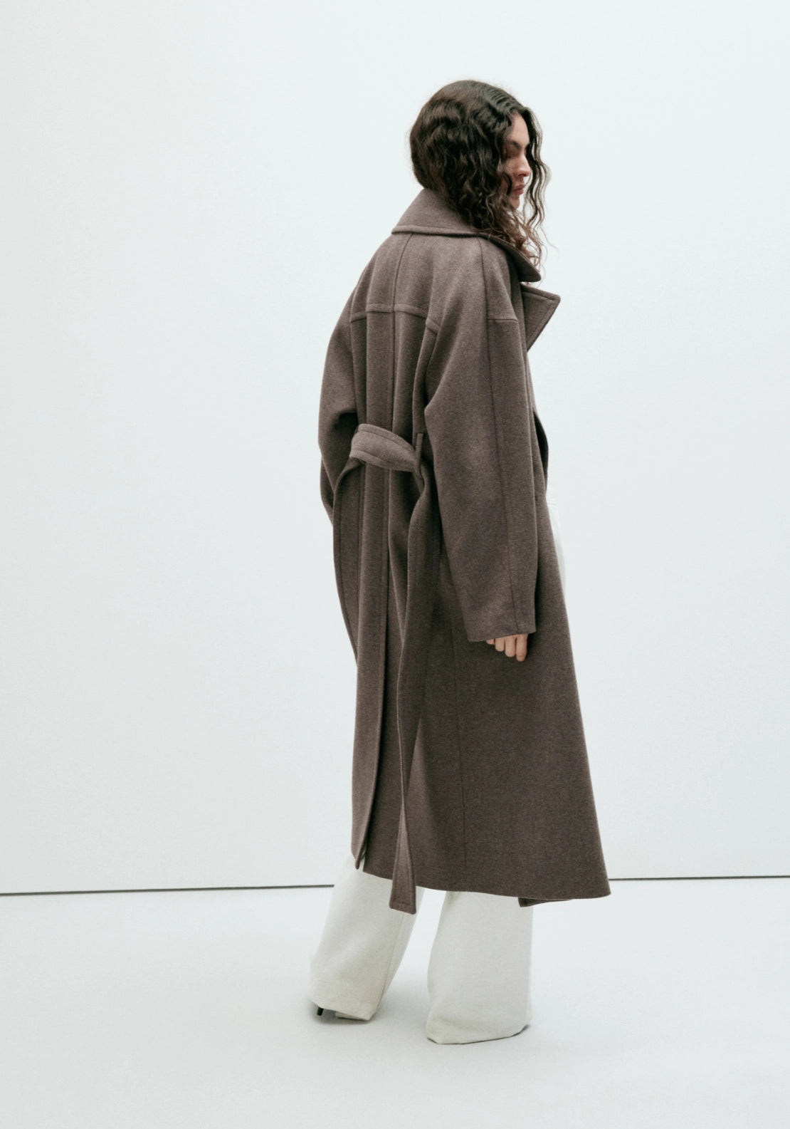 Wool Oversized Coat With Belt - Brown