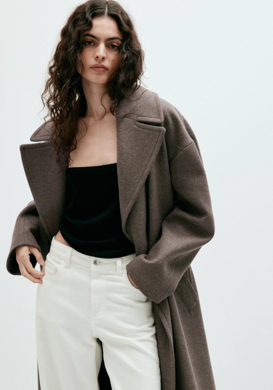 Wool Oversized Coat With Belt - Brown