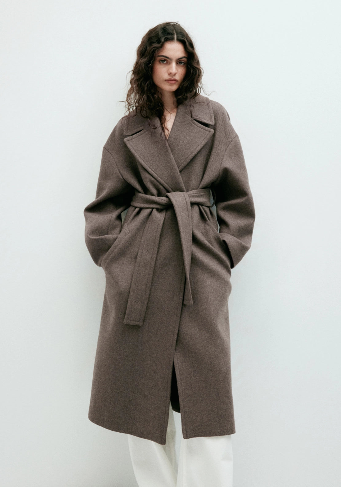 Wool Oversized Coat With Belt - Brown