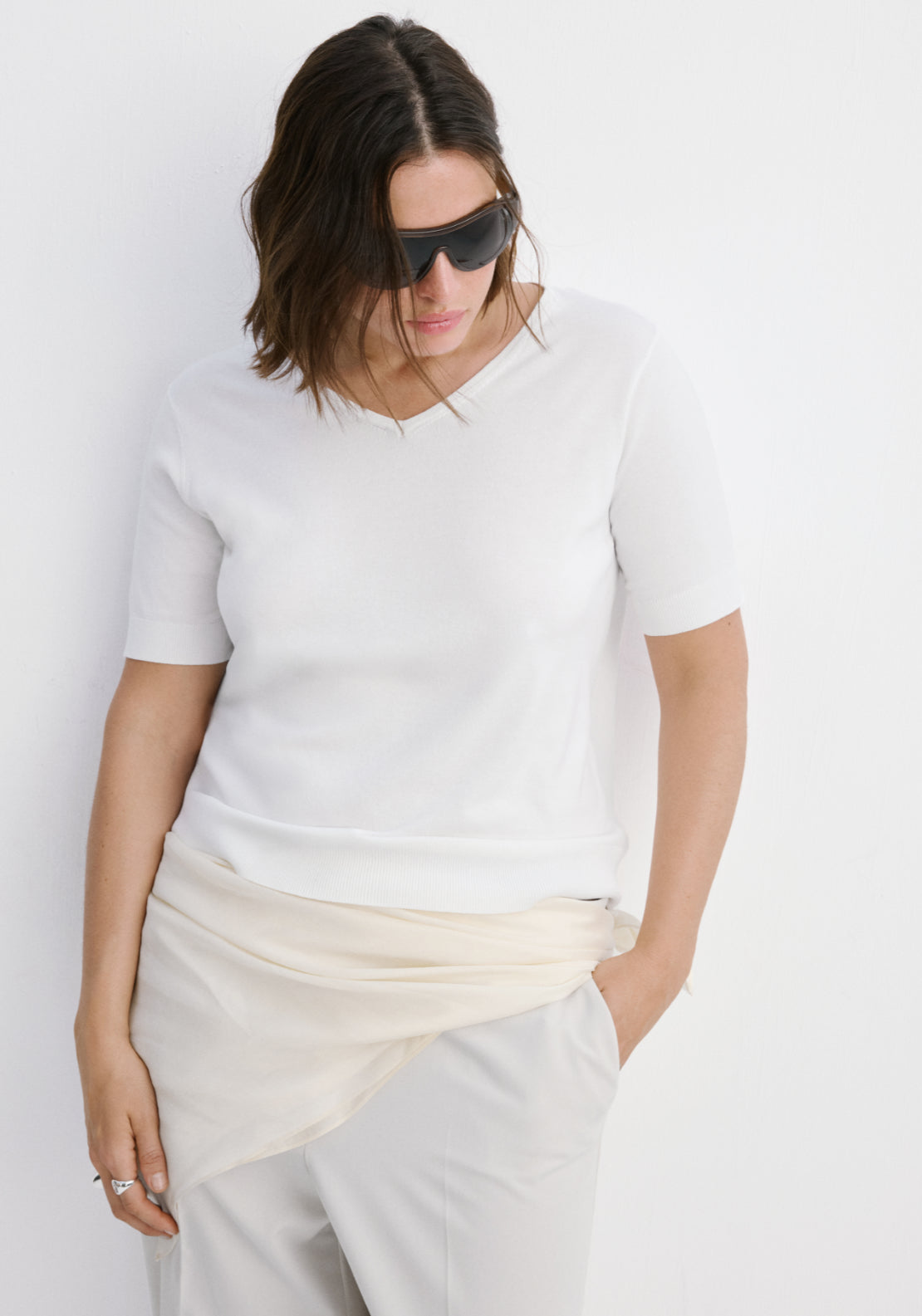 V-Neck Knit T-Shirt - White