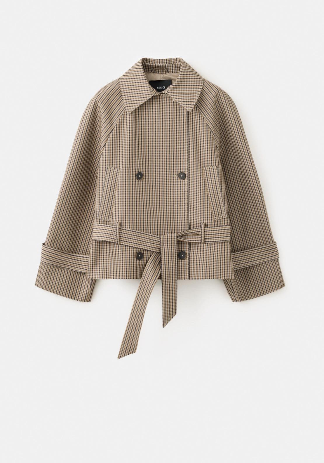 Checked Short Trench Coat - Brown