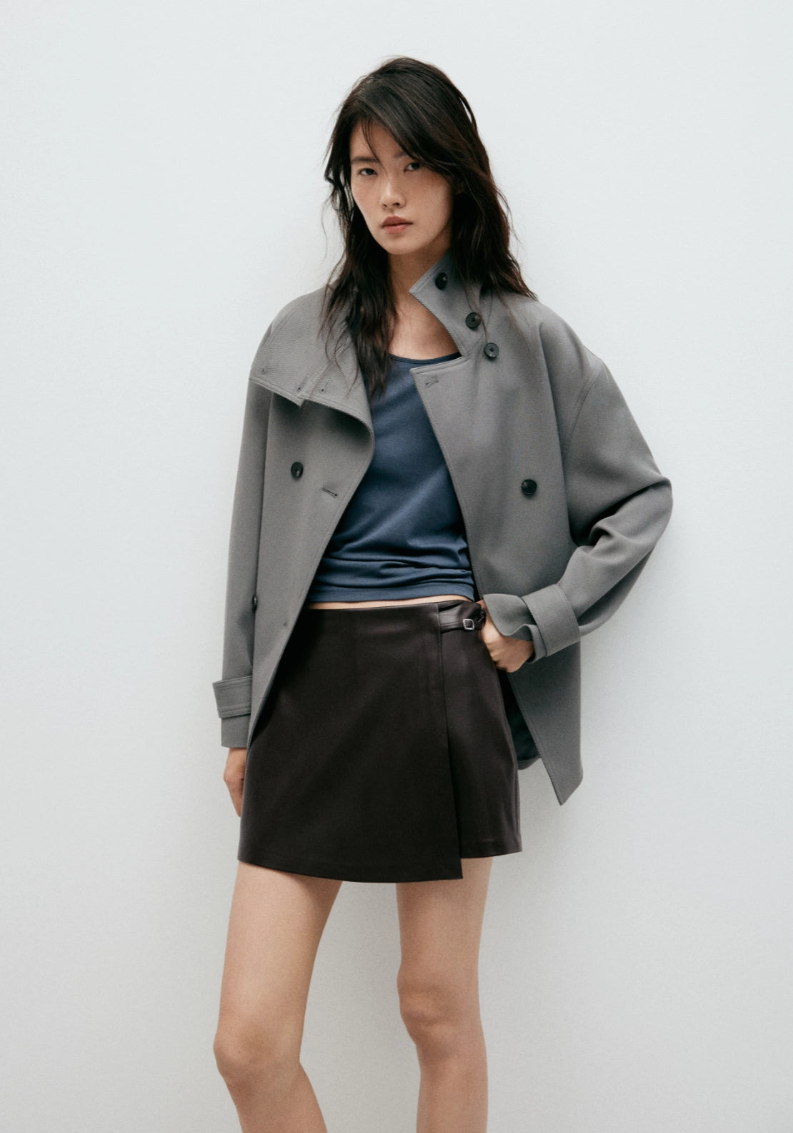 Faux-Leather Skirt With Buckle - Brown
