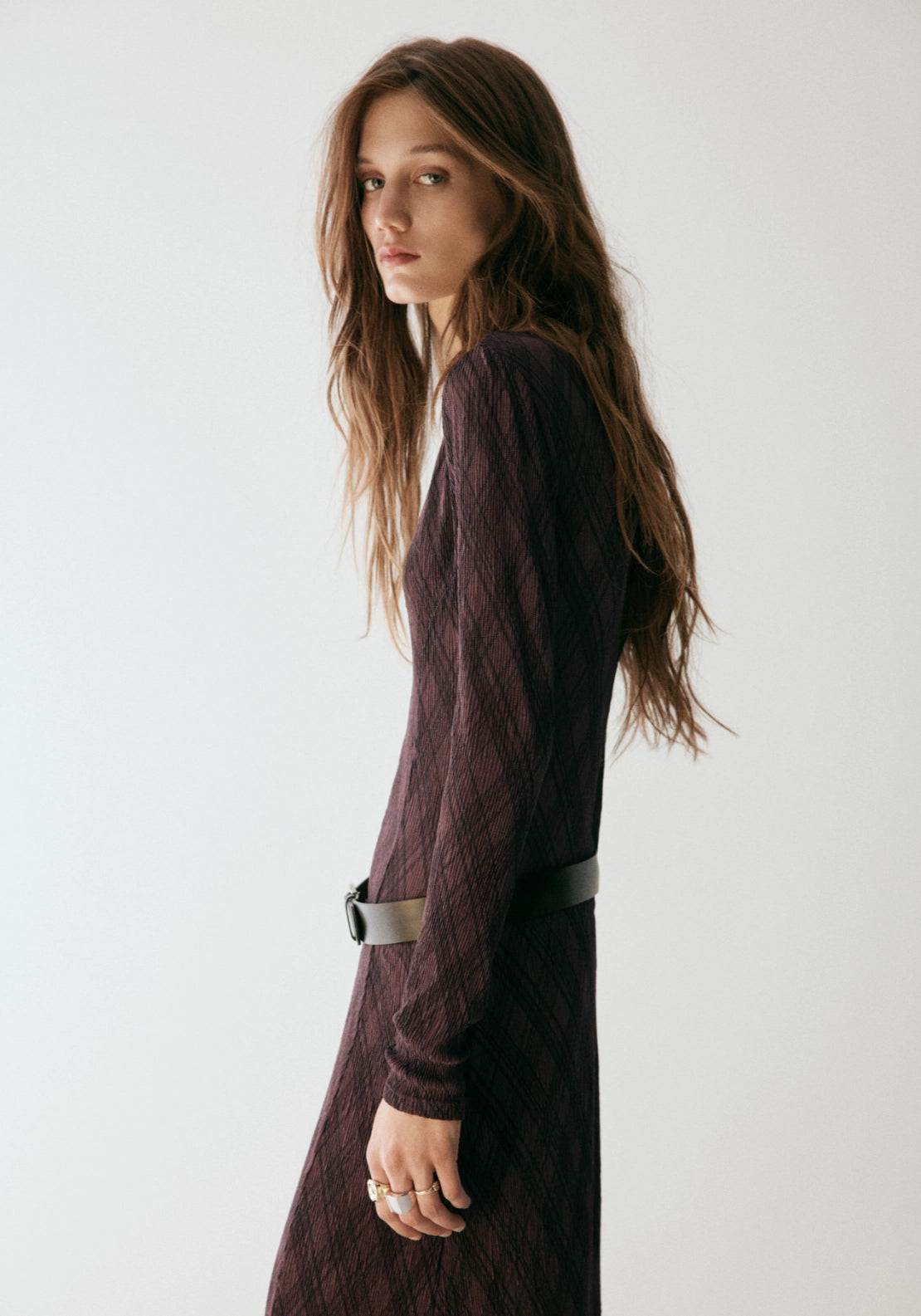 Long Sleeve Plaid Dress - Brown