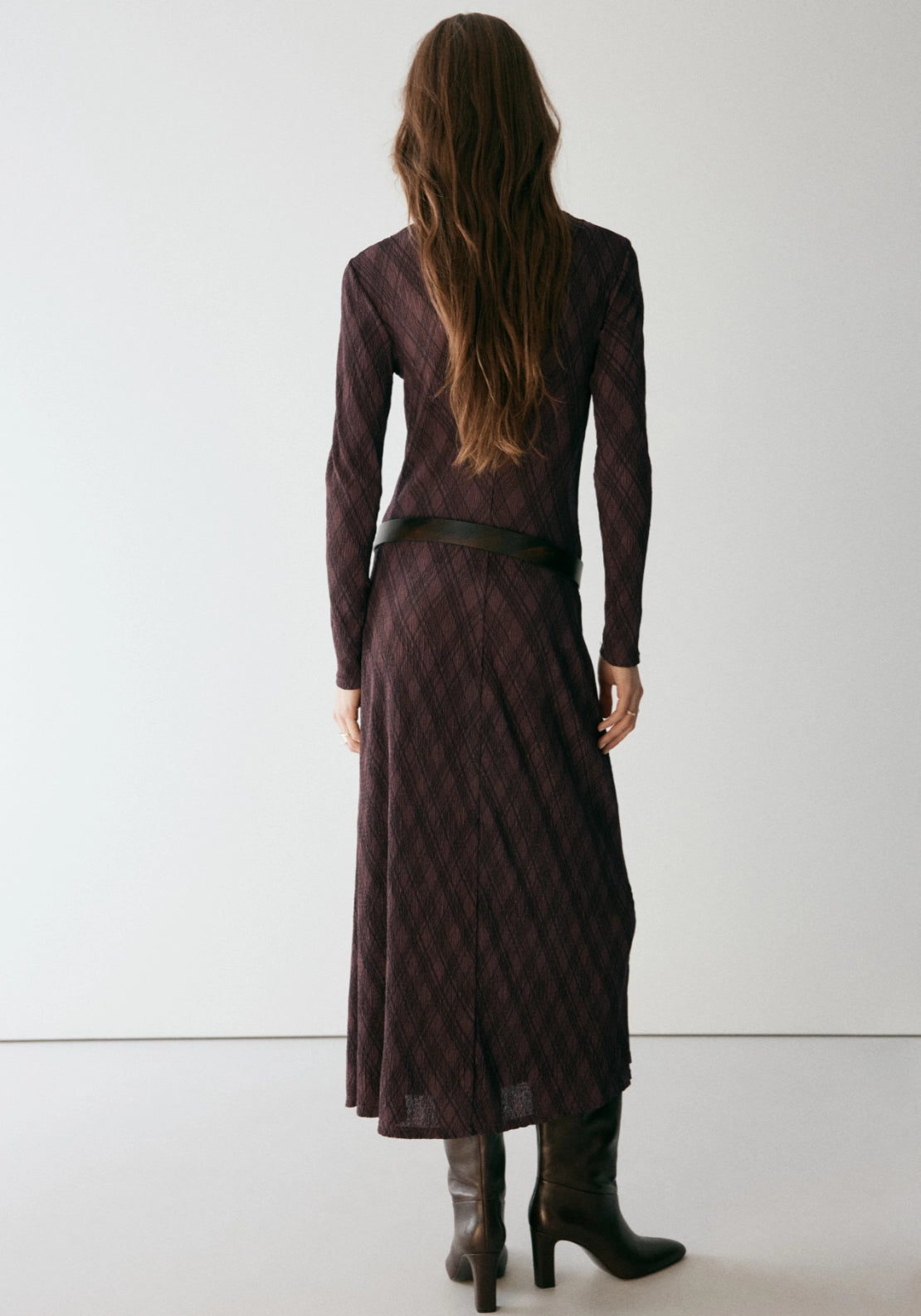 Long Sleeve Plaid Dress - Brown