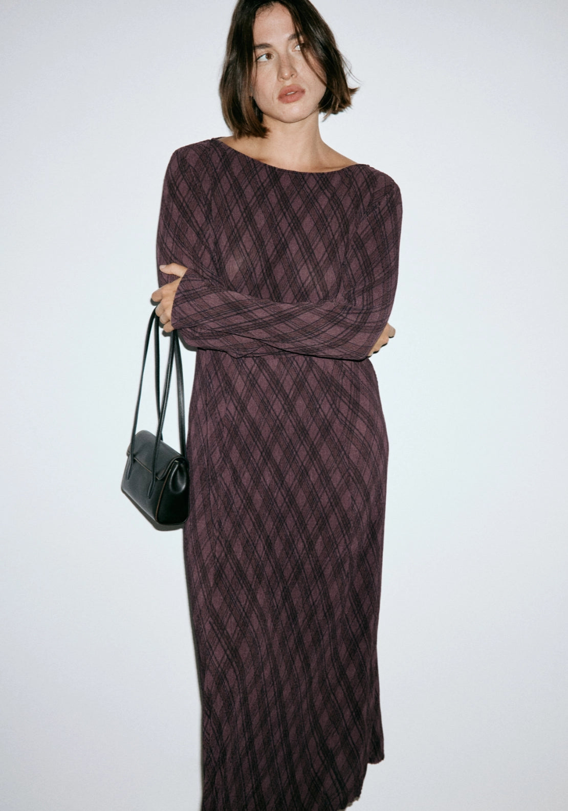 Long Sleeve Plaid Dress - Brown