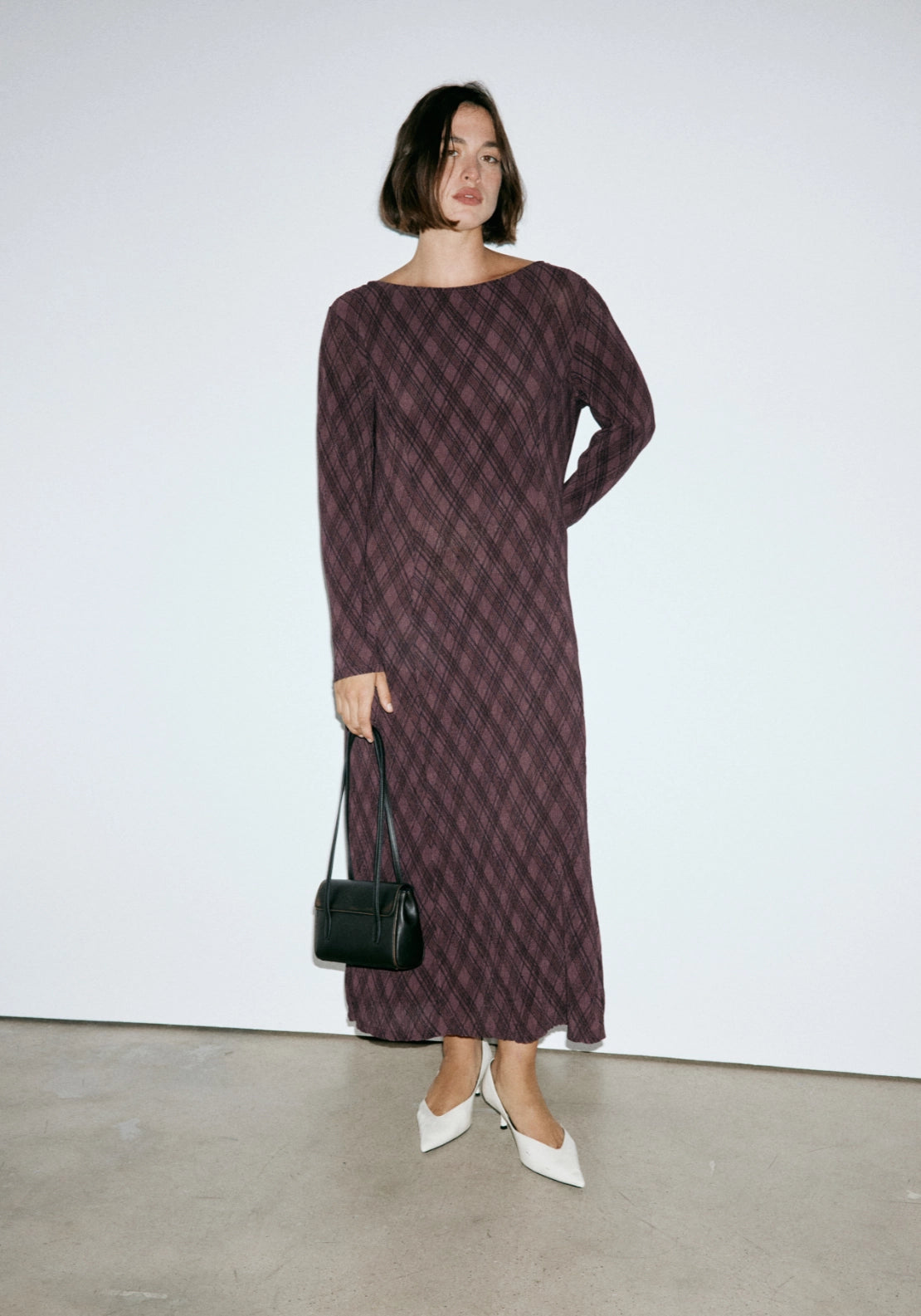 Long Sleeve Plaid Dress - Brown