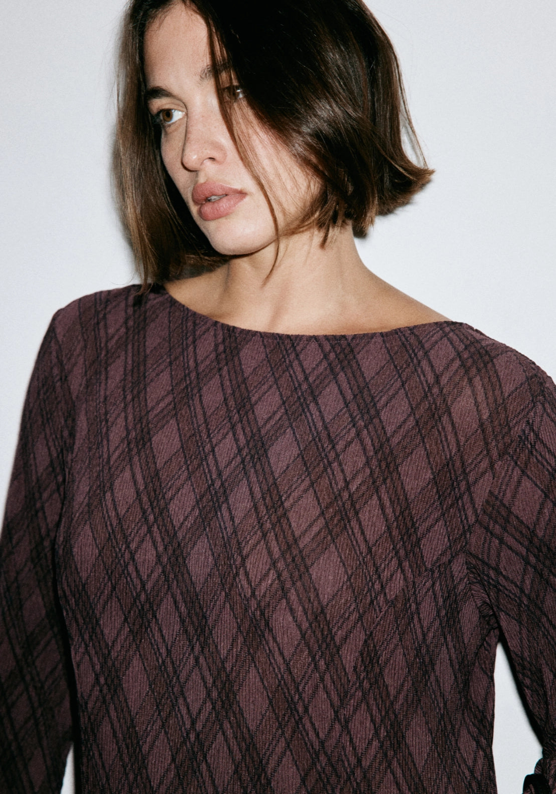 Long Sleeve Plaid Dress - Brown
