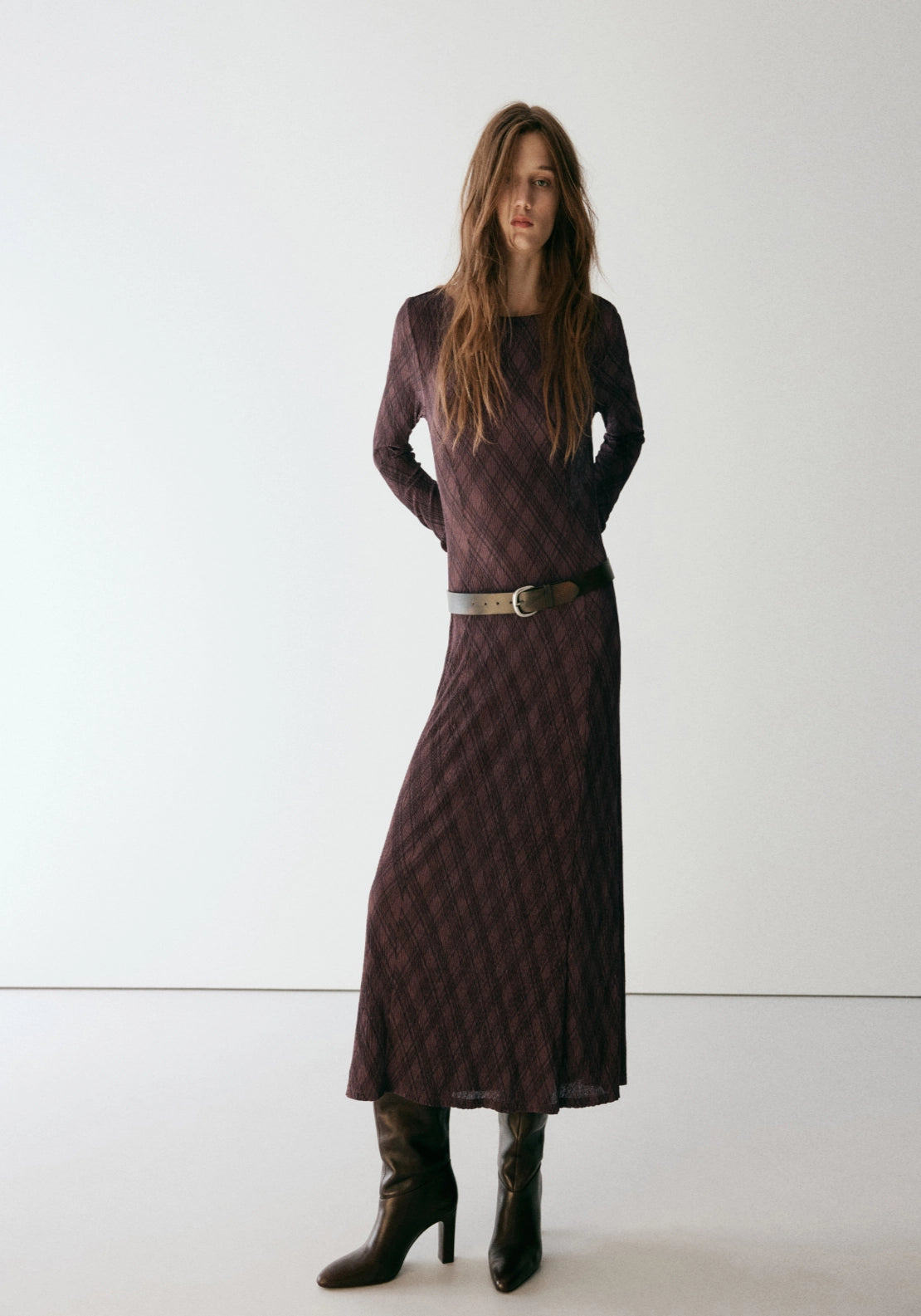 Long Sleeve Plaid Dress - Brown
