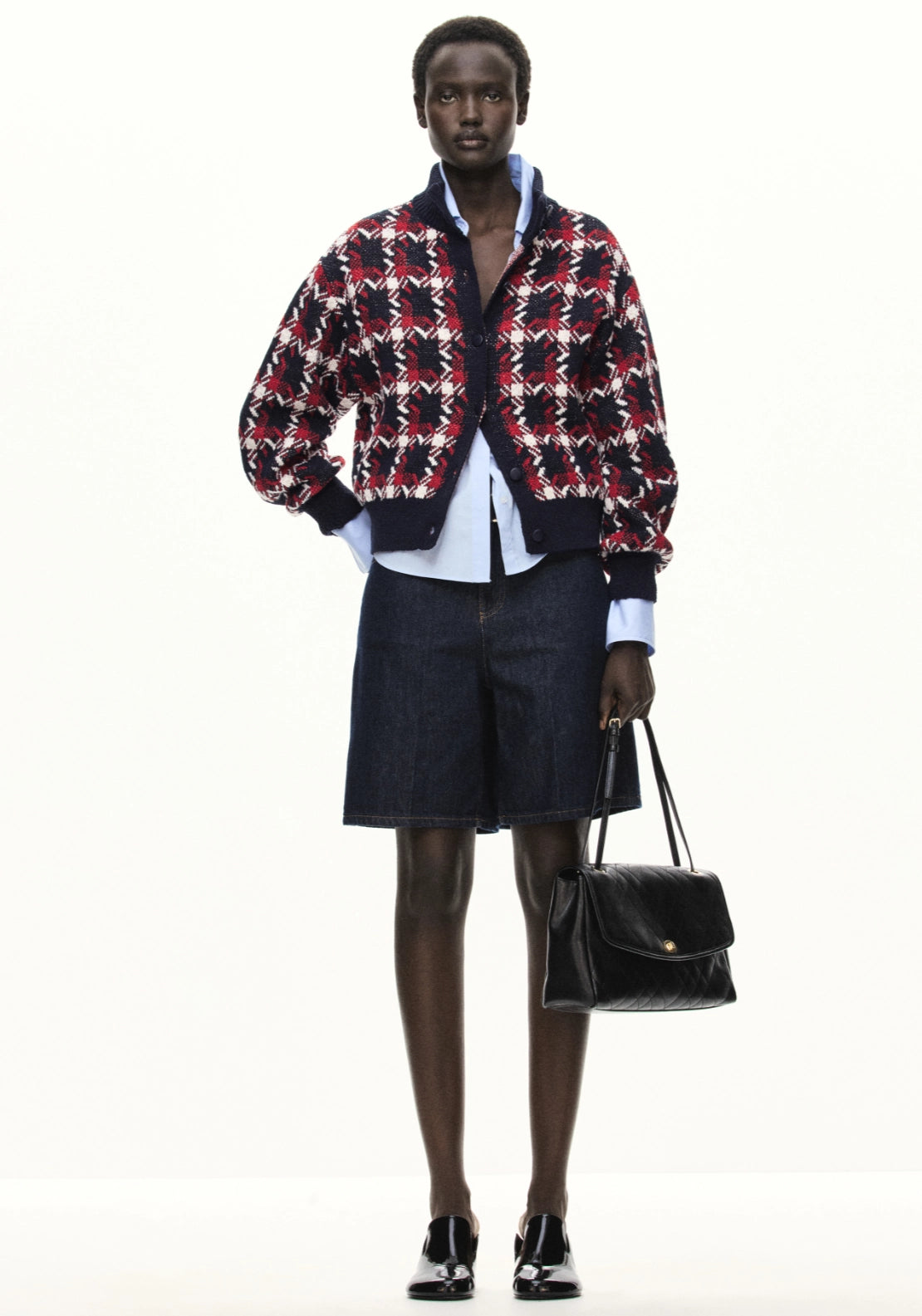 Tartan Print Knit Cardigan - Blue