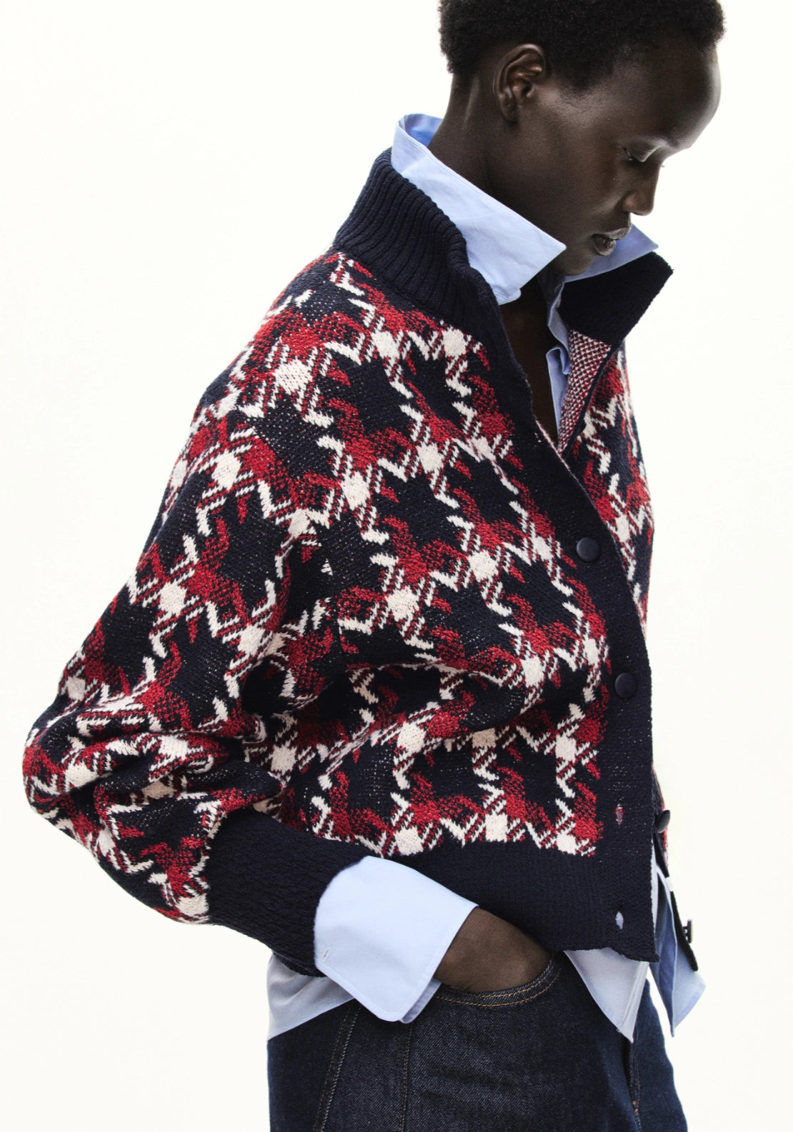 Tartan Print Knit Cardigan - Blue