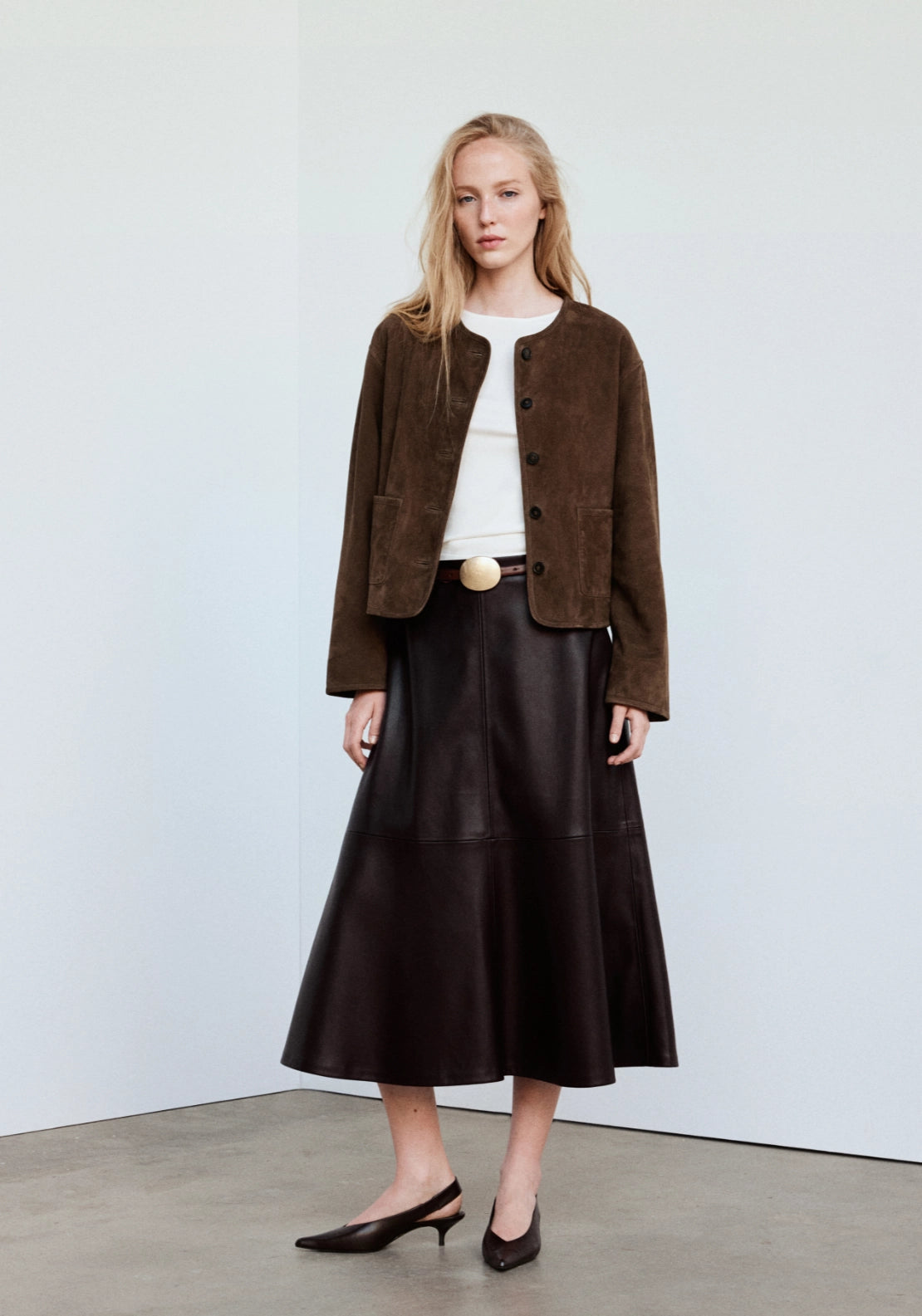 Faux Leather A Line Skirt - Brown