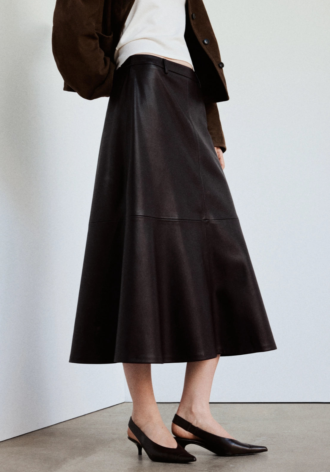 Faux Leather A Line Skirt - Brown