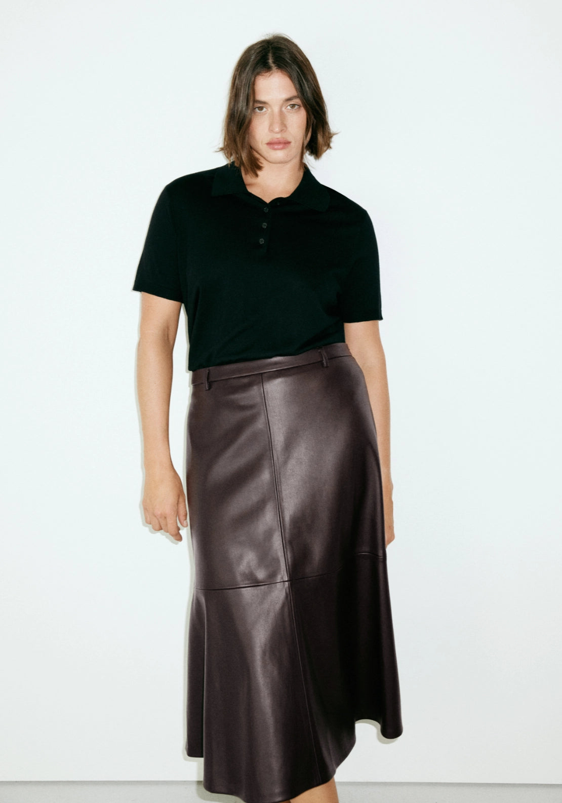 Faux Leather A Line Skirt - Brown