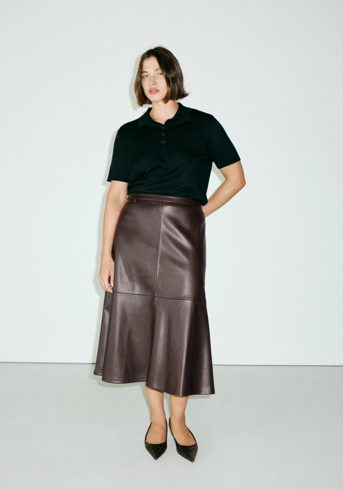 Faux Leather A Line Skirt - Brown