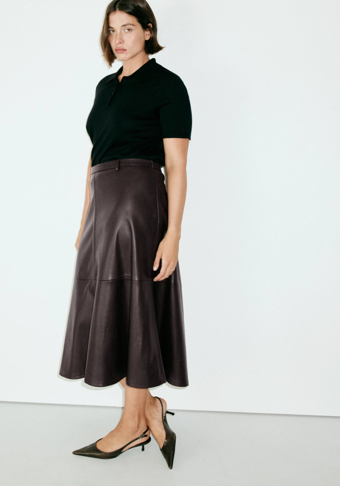 Faux Leather A Line Skirt - Brown