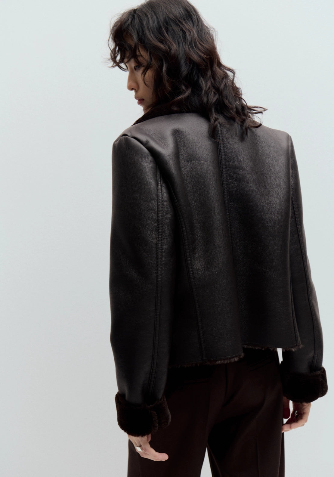 Faux Fur Biker Jacket - Brown