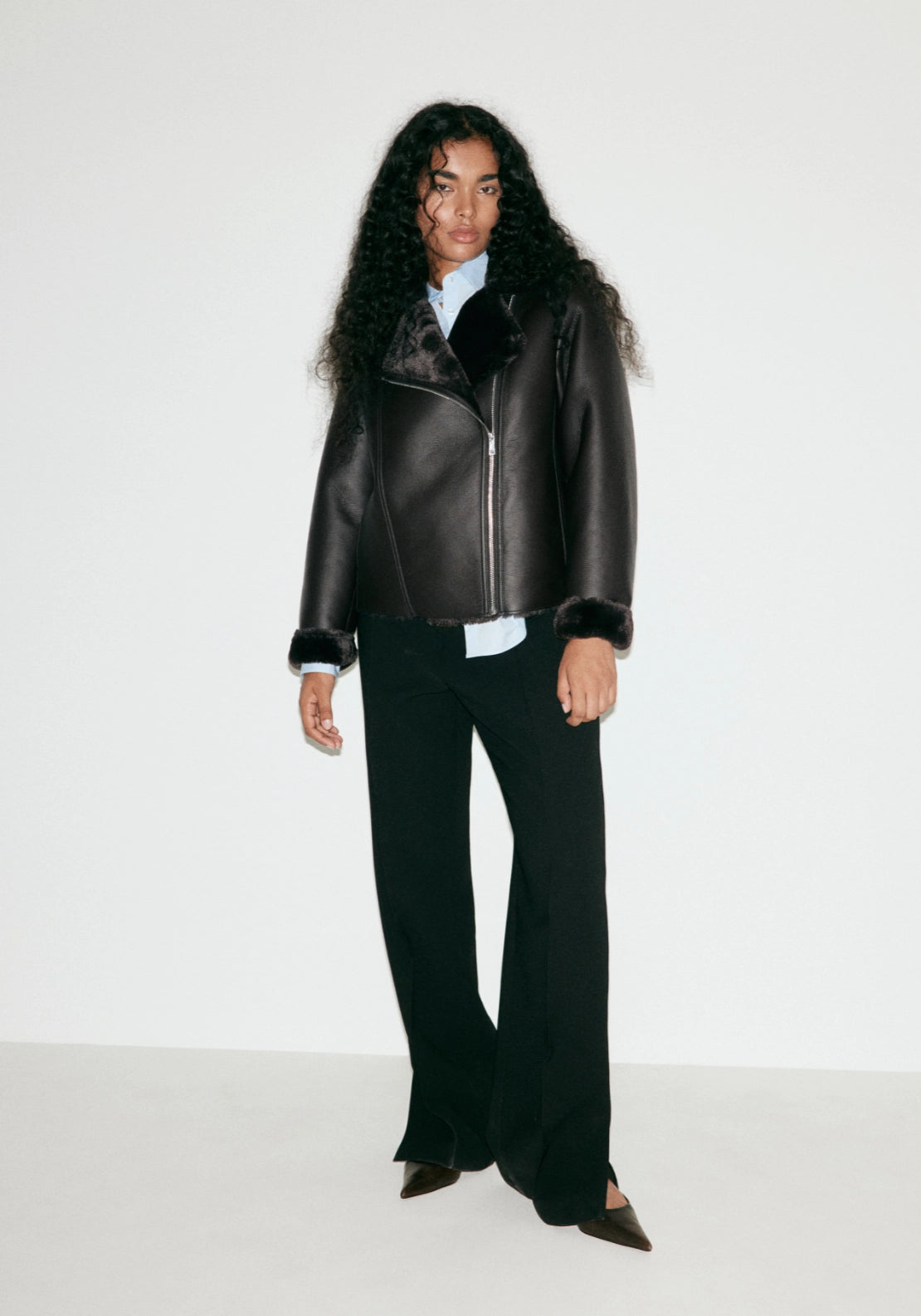 Faux Fur Biker Jacket - Brown