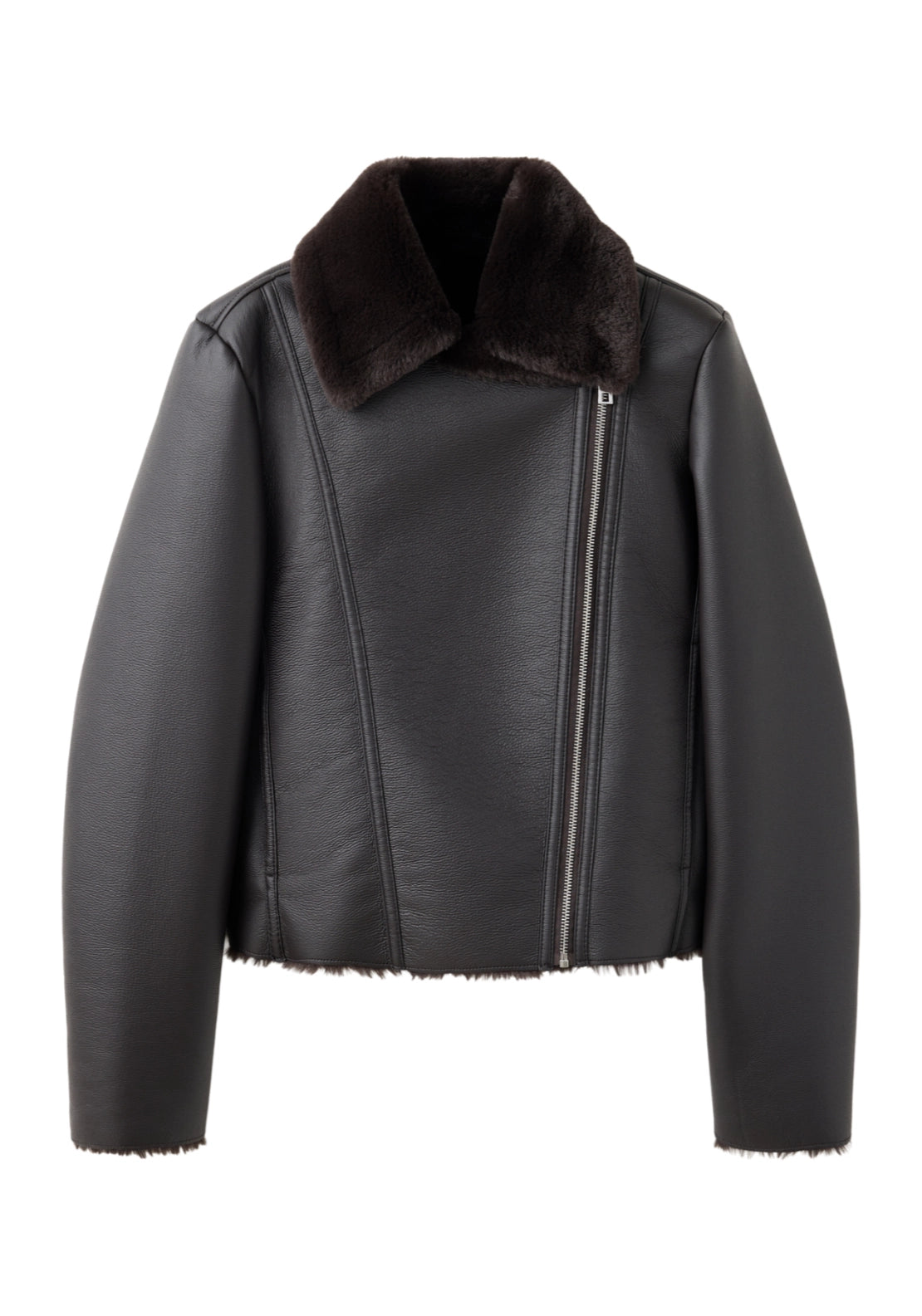 Faux Fur Biker Jacket - Brown